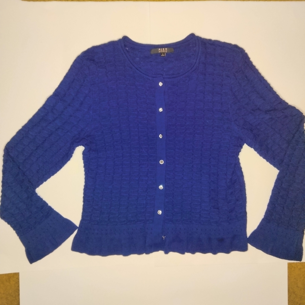 Alex Marie (Size L) Navy Blue Button Down Front Ruffle Trim Hem LS Knit Cardigan